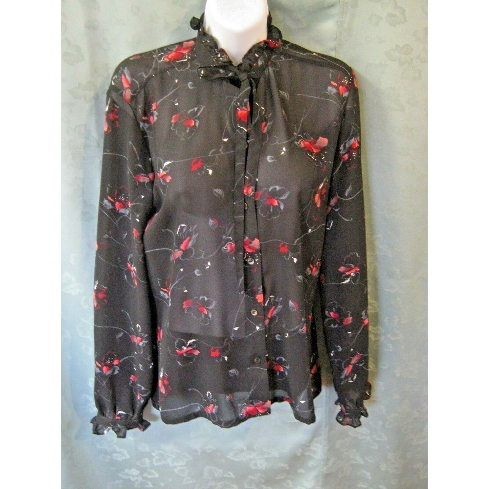 VTG Gordon Blouse Size 14 Sheer Ruffled Collar & Cuff Floral Top